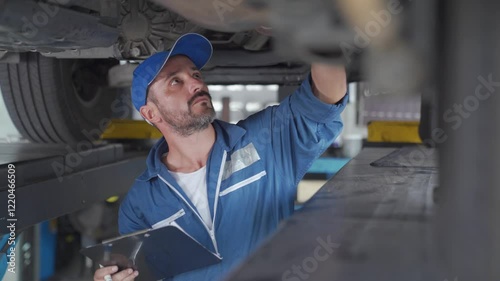 Car mechanic checking a car engine writing on clipboard. Mechanics Fixing Car. Auto services and Small business concepts.