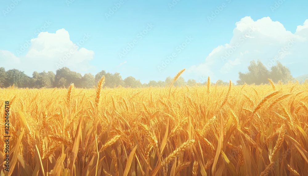 Fototapeta premium Golden Wheat Field Under a Clear Blue Sky on a Sunny Day with Clouds