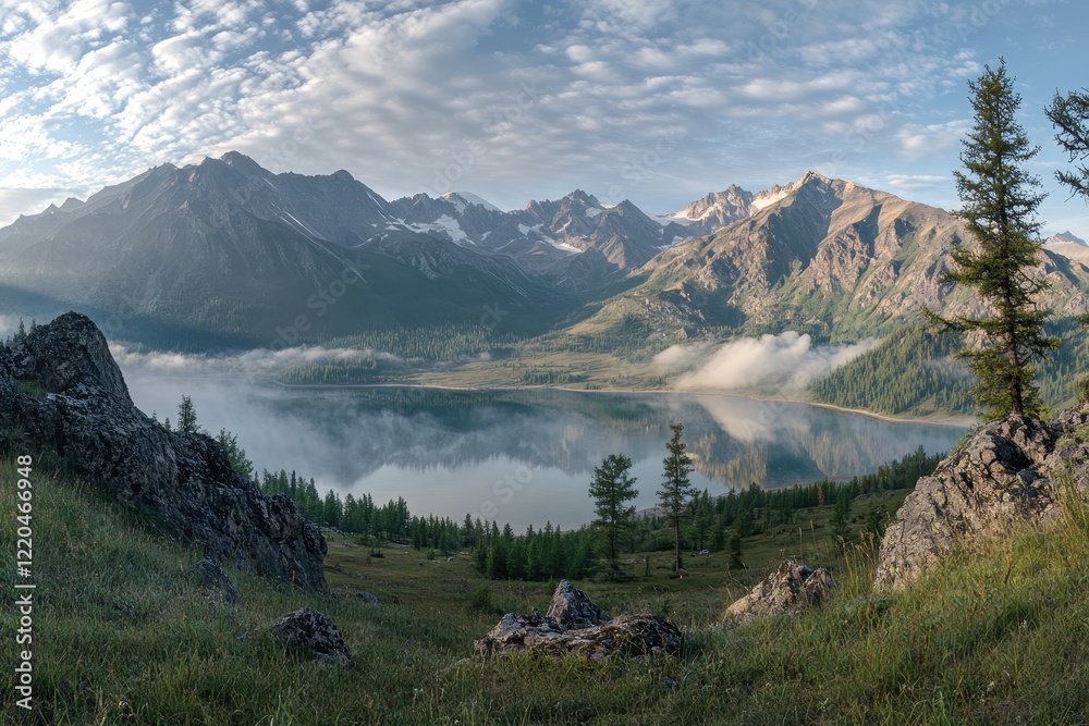 Mountain lake sunrise mist reflection panorama Mountain lake sunrise mist reflection panorama