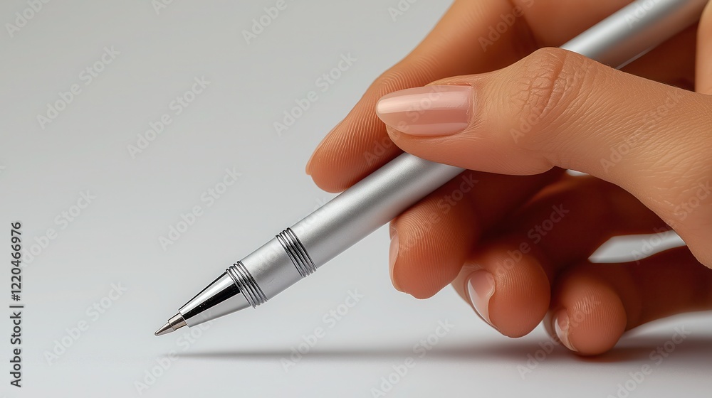 Hand holding stylus pen in writing position, isolated on white background Hand holding stylus pen in writing position, isolated on white background