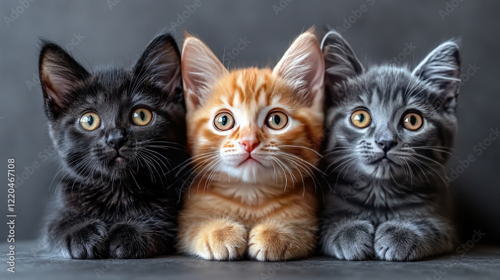 Three Kittens Studio Portrait, Grey Background, Pets Three Kittens Studio Portrait, Grey Background, Pets