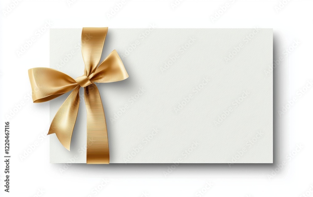 A minimalistic white gift card with a light gold ribbon and bow on the left side, offering space for text, isolated on a pristine white background A minimalistic white gift card with a light gold ribbon and bow on the left side, offering space for text, isolated on a pristine white background