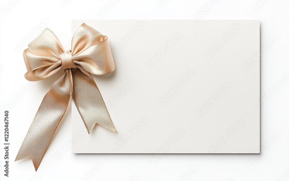 A minimalistic white gift card with a light gold ribbon and bow on the left side, offering space for text, isolated on a pristine white background A minimalistic white gift card with a light gold ribbon and bow on the left side, offering space for text, isolated on a pristine white background