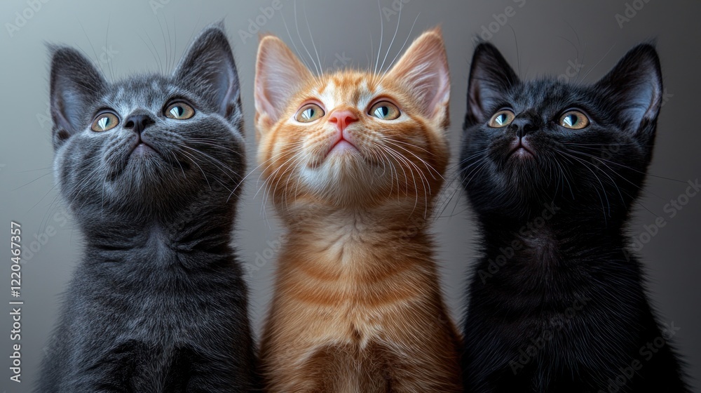 Three kittens looking up, studio, neutral background, pet adoption Three kittens looking up, studio, neutral background, pet adoption