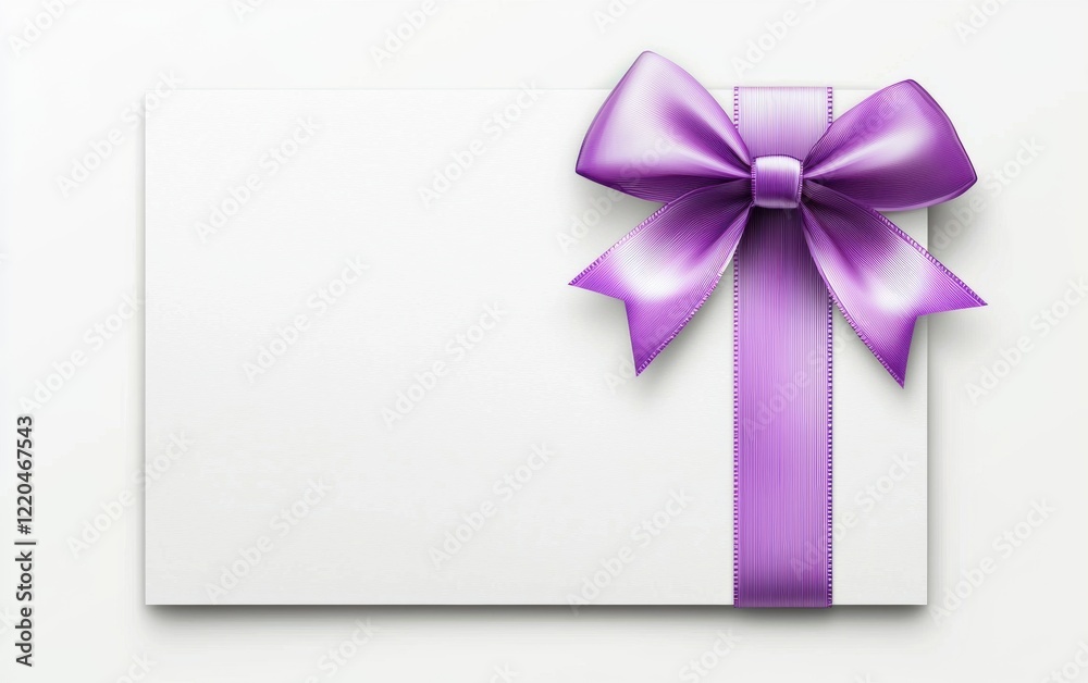 A premium white voucher with a bright lavender ribbon and bow on the top right corner, with room for text or branding, isolated on a bright white background A premium white voucher with a bright lavender ribbon and bow on the top right corner, with room for text or branding, isolated on a bright white background
