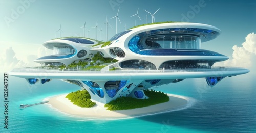 Futuristic hovering island resort, floating above crystal-clear waters, powered by wind turbines and solar panels. Ultra-modern architecture, sleek curves, and lush greenery photo