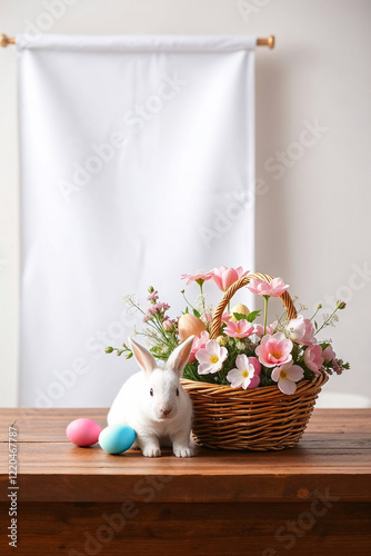 White rabbit beside basket of flowers and Easter eggs on table