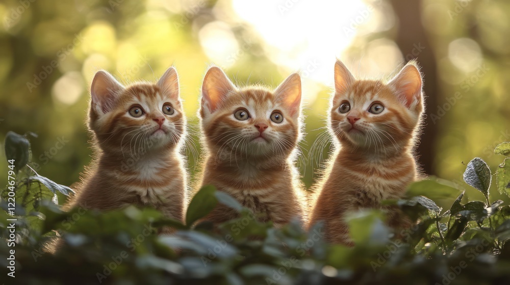 Three ginger kittens outdoors, sunlight, curious, greenery, spring Three ginger kittens outdoors, sunlight, curious, greenery, spring