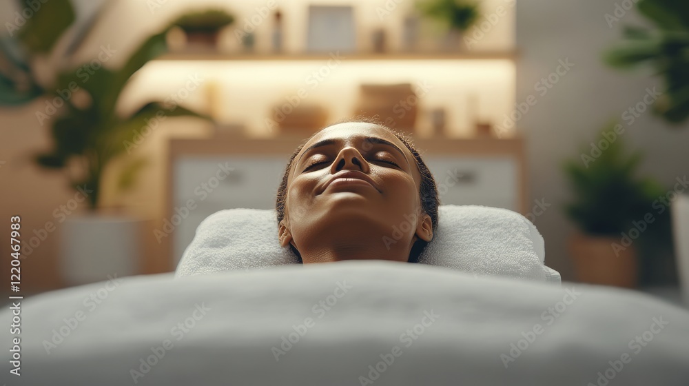 Professional beautician massaging relaxed woman's face during rejuvenating spa treatment, client experiencing peaceful skincare moment with closed eyes