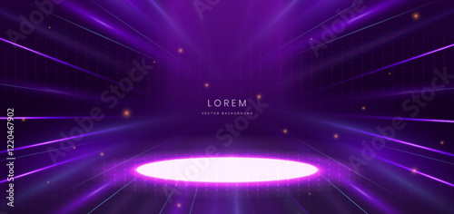 Scene purple glowing with podium glowing neon lights in futuristic. Concept technology, gamer, product.