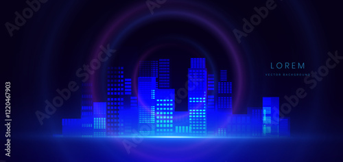 Modren glowing night cityscape on dark blue background with lighting effect and sparkle.