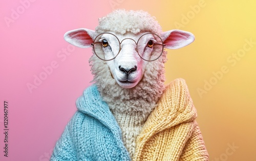 A sheep wearing round glasses and a cardigan on a pastel pink-to-yellow gradient. photo