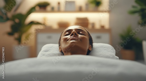 Obraz na płótnie Professional beautician massaging relaxed woman's face during rejuvenating spa treatment, client experiencing peaceful skincare moment with closed eyes w salonie