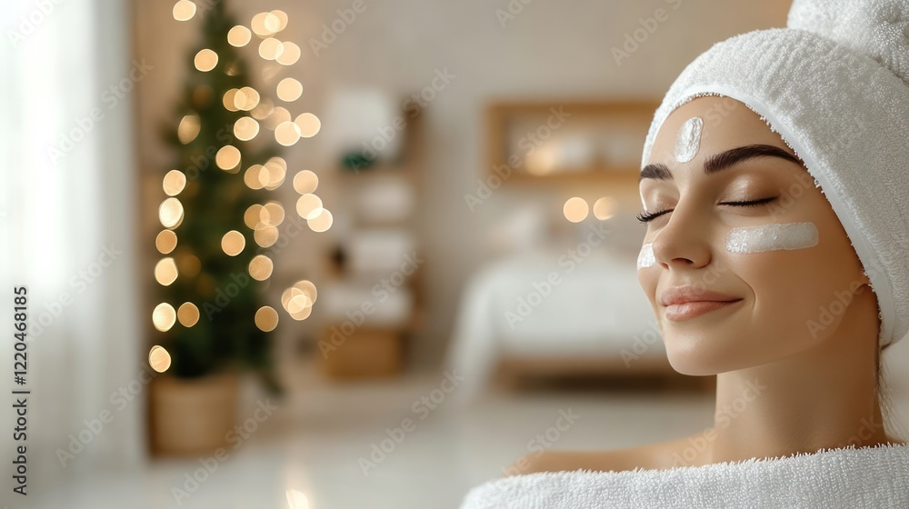 Professional beautician applying rejuvenating cream mask on smiling female client, sharing relaxing christmas spa moment with festive skincare treatment