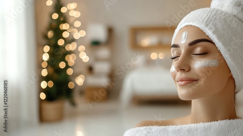 Obraz na płótnie Professional beautician applying rejuvenating cream mask on smiling female client, sharing relaxing christmas spa moment with festive skincare treatment w salonie