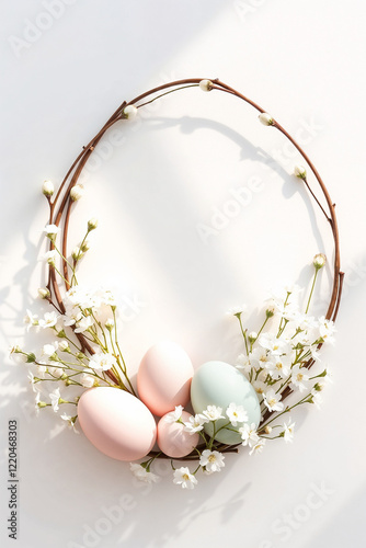 Minimal Easter wreath with pastel eggs and white blossoms