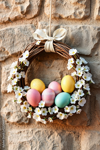 Hanging Easter wreath with colorful eggs and white flowers