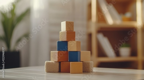 Obraz na płótnie Wooden building blocks balanced in pyramidal formation atop soft textured surface, blurred bookshelf background suggesting learning through imaginative child play w salonie