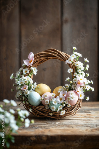 Floral Easter wreath with pastel eggs on wooden table