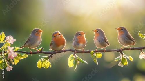 Cheerful little birds perch on a branch in a sunny spring park, chirping joyfully amidst the blooming trees.