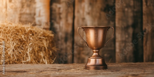 Rustic Bronze Trophy on Wooden Table with Straw Bale Background