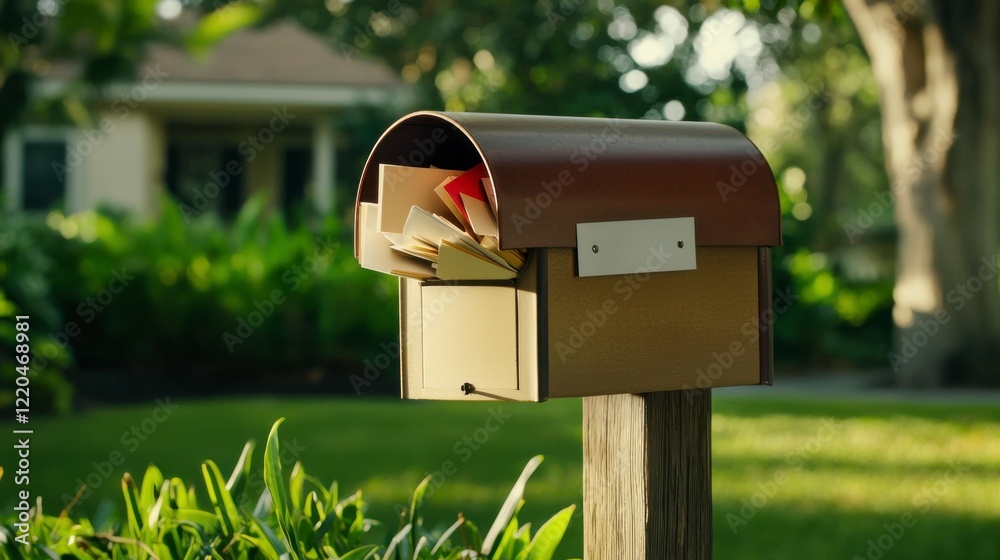 Rustic mailbox with an open lid revealing letters nestled inside, set against a lush green garden backdrop Rustic mailbox with an open lid revealing letters nestled inside, set against a lush green garden backdrop