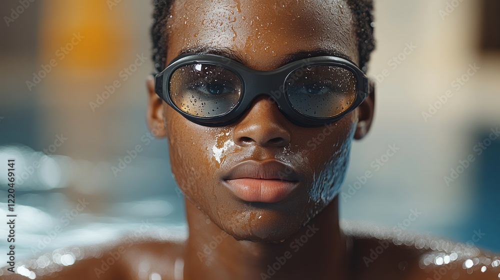 Focused black swimmer emerging from pool, water droplets glistening on dark skin and sleek goggles, embodying athletic intensity and competitive spirit