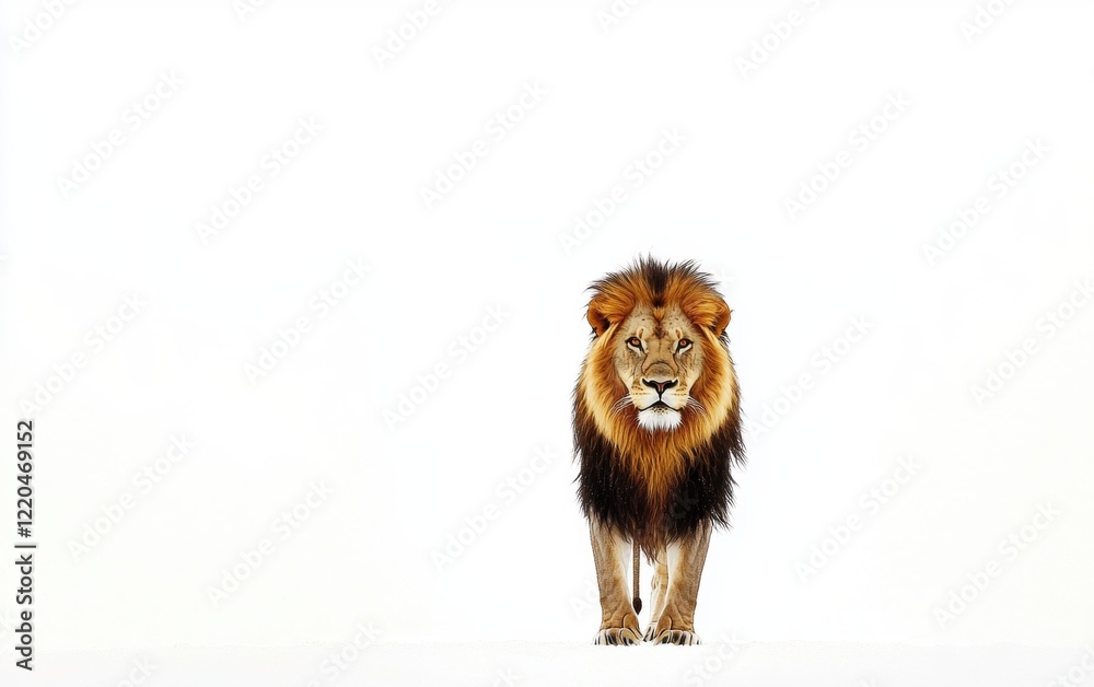 Fototapeta premium A majestic lion standing proudly, isolated on a bright white background