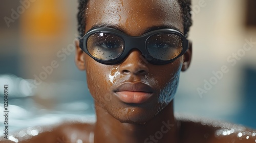 Obraz na płótnie Focused black swimmer emerging from pool, water droplets glistening on dark skin and sleek goggles, embodying athletic intensity and competitive spirit w salonie
