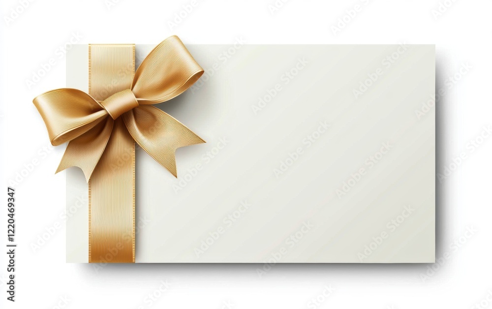 A minimalistic white gift card with a light gold ribbon and bow on the left side, offering space for text, isolated on a pristine white background A minimalistic white gift card with a light gold ribbon and bow on the left side, offering space for text, isolated on a pristine white background