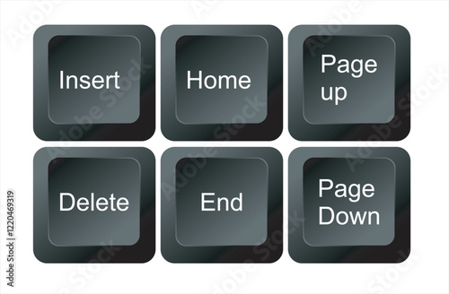 insert home page up down end delete keys, Close up view of six keys on a computer keyboard modern laptop or computer, Top view, Space for text. black and white