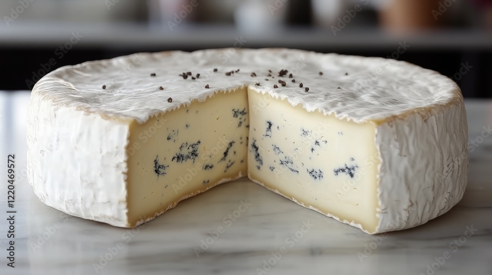 Blue cheese wheel studded with black peppercorns, resting on marble surface, revealing marbled interior and creamy texture through cut wedge