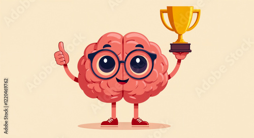 Wallpaper Mural cheerful cartoon brain character wearing glasses holding a golden trophy and giving a thumbs-up gesture Torontodigital.ca