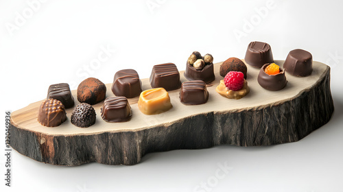 A selection of pralines with milk chocolate shells and fillings of salted caramel, dark chocolate, and orange cream, arranged on a wooden platter. photo