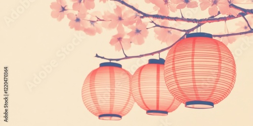 Serene Pink Lanterns Hanging Amidst Cherry Blossoms in Soft Pastel Glow