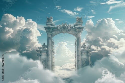 Ornate gate to heaven opening to bright light above clouds with angelic statues, a conceptual image of afterlife, new beginning, hope, religion photo