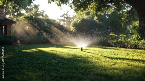 Automatic sprinklers spraying morning dew over verdant lawn, illuminating residential landscape with soft sunrise light and vibrant green hues