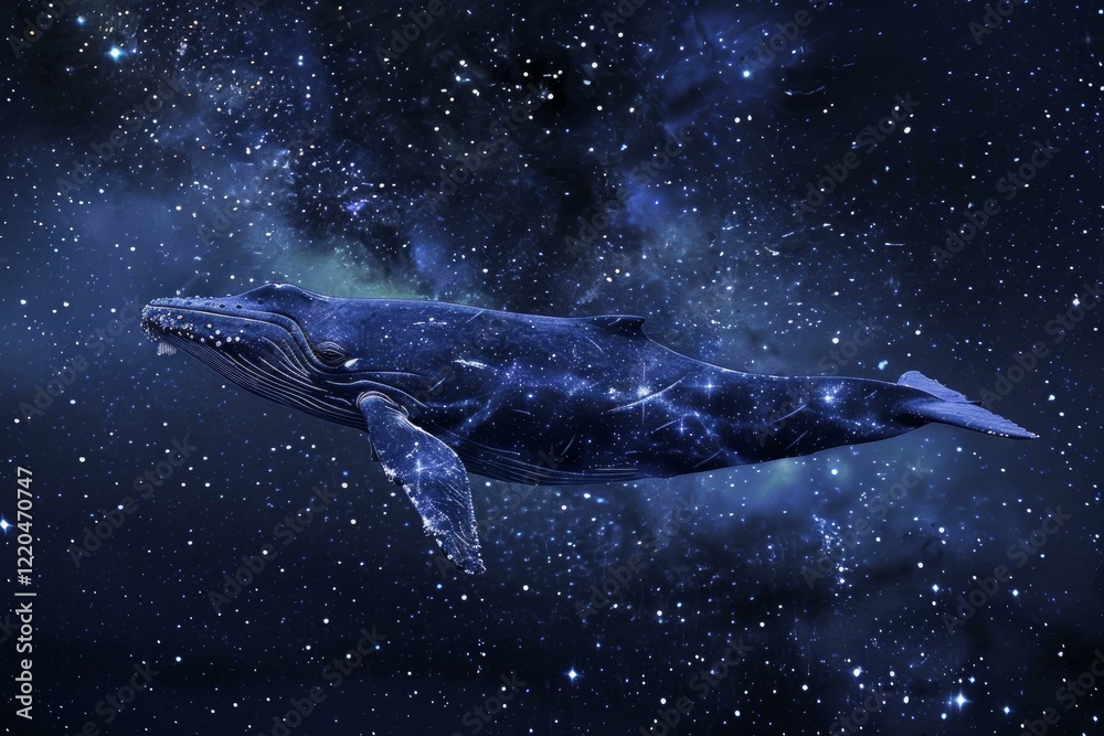 Fototapeta premium Majestic whale glides through a cosmic ocean, its form adorned with constellations, embodying the wonders of the universe