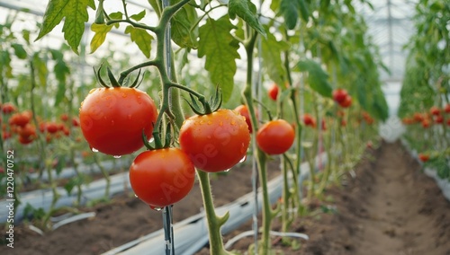 Ripe Tomatoes on the Vine: Juicy, red tomatoes hang heavy on the vine in a greenhouse, glistening with morning dew, showcasing the vibrant colors and textures of fresh produce.
