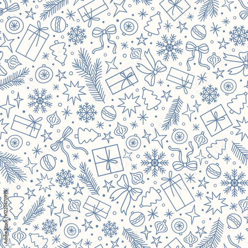Vector Christmas background. New Year all over print for fabric, goods or wrapping paper design. Doodle style seamless pattern with snowflakes, gift boxes, Christmas tree decorations, stars, bows