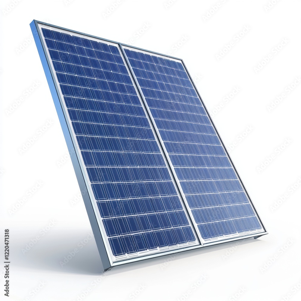 A single solar panel standing upright with visible grid details and a realistic metallic frame, isolated on a clean white background A single solar panel standing upright with visible grid details and a realistic metallic frame, isolated on a clean white background