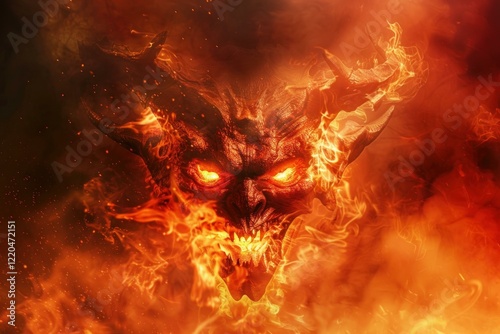 Scary devil face burning in flames embracing evil power, perfect for religious or fantasy projects photo