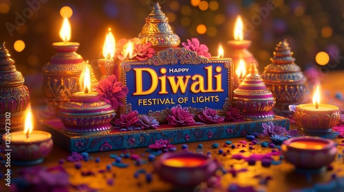 Obraz na płótnie Luminous diyas glowing amid colorful blossoms, radiating warm diwali celebration light against dark evening background w salonie