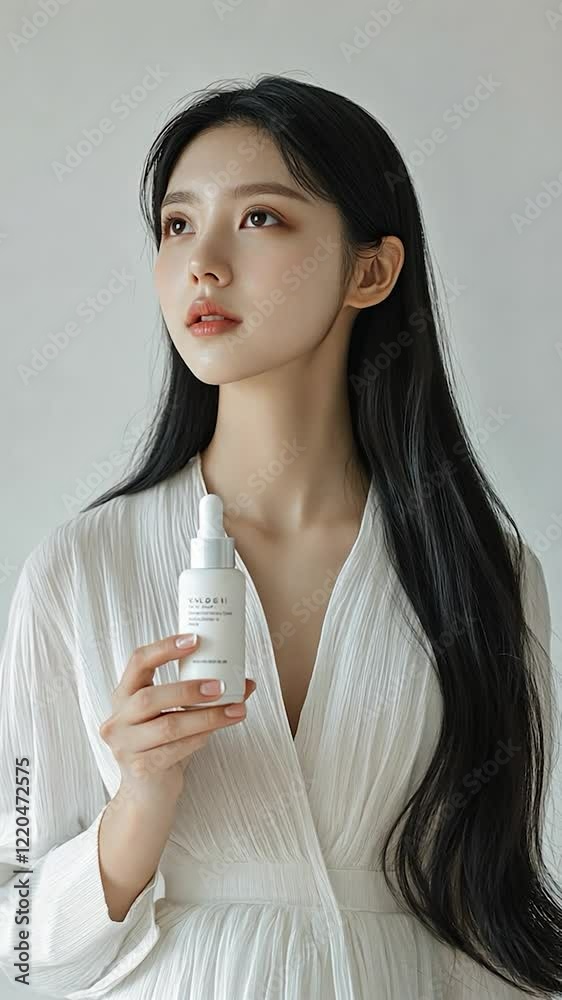 Elegant Asian woman holding a skincare product in a minimalistic setting; concept of beauty, self-care, and modern skincare Elegant Asian woman holding a skincare product in a minimalistic setting; concept of beauty, self-care, and modern skincare