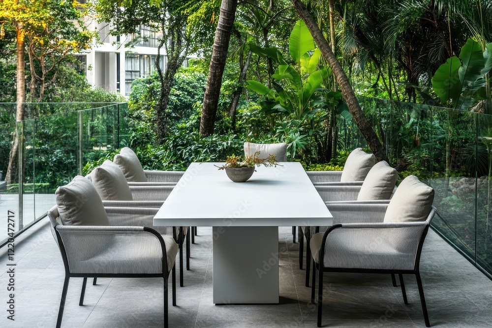Outdoor dining, tropical setting, balcony, city view, relaxation Outdoor dining, tropical setting, balcony, city view, relaxation