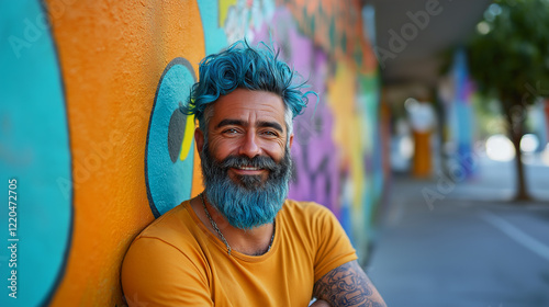 Portrait of a man smiling confidently against a vibrant blue and orange mural in an urban setting photo