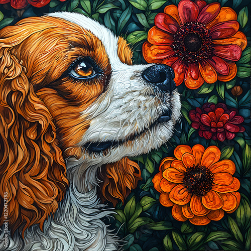  cavalier king charles spaniel sniffing flower photo