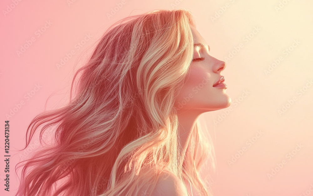 A woman with flowing, wavy blonde hair cascading down her shoulders, illuminated by soft sunlight, against a pastel pink background A woman with flowing, wavy blonde hair cascading down her shoulders, illuminated by soft sunlight, against a pastel pink background