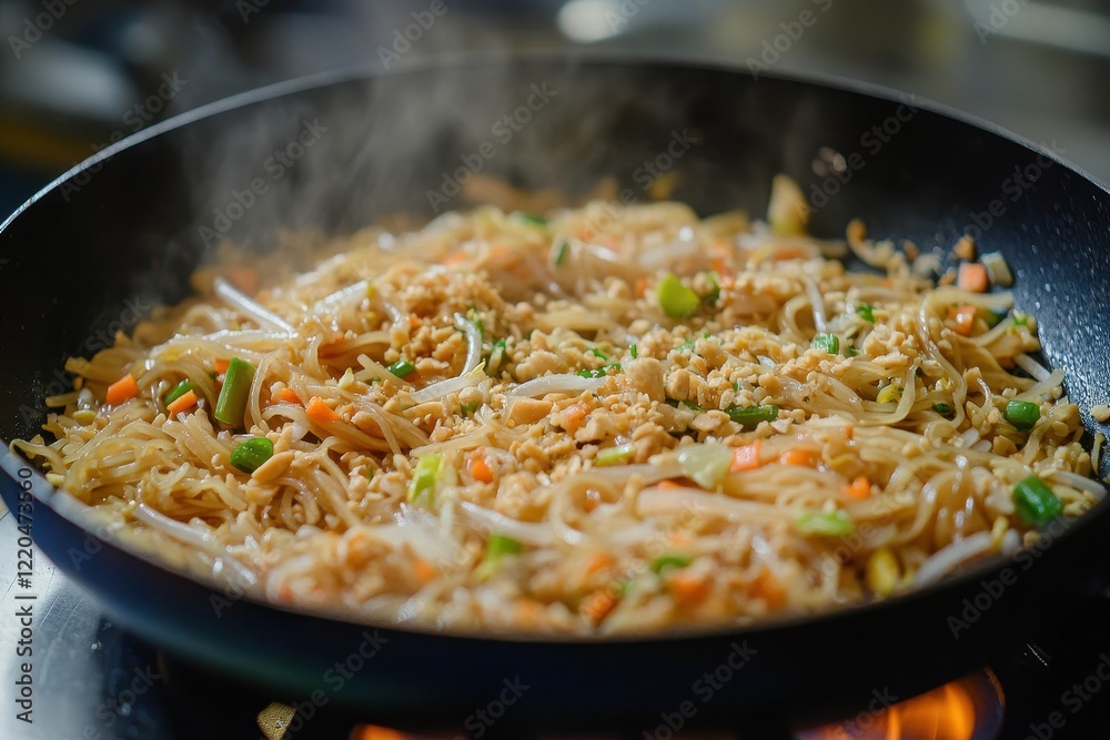 Pad Thai cooking, kitchen, stir-fry, noodles, steam, restaurant, food, Asian
