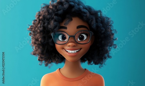 Smiling African American Cartoon Girl with Curly Hair and Glasses in 3D Style - Happy Young Woman Teenager Concept Art, Generative AI